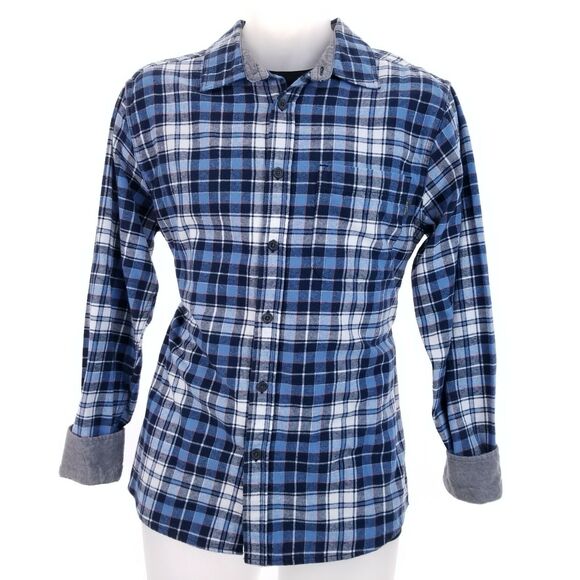 Eddie Bauer Mens M FLANNEL Shirt Camisa Blue Plaid Fleece - Picture 5 of 8